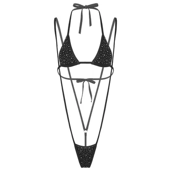 Sieviešu Sexy Apakšveļa Bikini Komplekts Spīguļi, Rhinestone Pavada Kakla Krūšturis ar G-string Mežģīnes-up Sauļošanās Peldkostīms Bikini Peldkostīmi