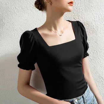Sieviešu top Kokvilnas materiāla ar īsām piedurknēm augstu uzrullētu apkakli top sieviete tshirt visu saskaņot Pamata t-krekls melns pelēks balts krāsa sieviete