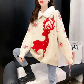 Sieviešu Tops Ir 2021. Modes Jauns korejiešu Versiju par Rudens un Ziemas Sarkana Ziemassvētku Briežu Džemperis Sievietēm Loose Knit Zemāko Krekls