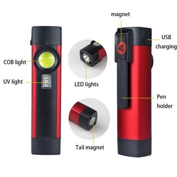 Spēcīgs COB Darbi Gaismas DIOŽU Lukturīti, Pildspalvu Magnētisko Darba Lukturi USB Lādējamu Lāpu Inspekcijas Gaismas ar Sarkanu/Baltu Gaismu