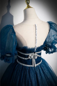 SSYFashion Jaunā Luksusa Vakara Kleita Sievietēm Puff Sleeve-line Grīdas-garums Zilā Balli Formālās Kleitas Vestidos De Noche