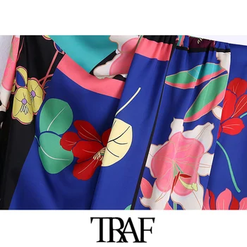 TRAF Sieviešu Modes Ar Pulcējās Ziedu Drukāt Spraugas Midi Svārki Vintage Augsta Vidukļa Atpakaļ Rāvējslēdzēju Sieviešu Svārki Mujer