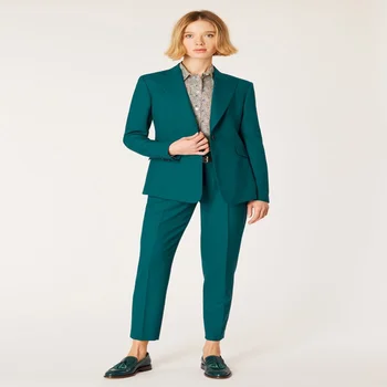 Tumši Zaļš Viena Krūšu Maksimālā Atloks Sieviešu Tērps Darba Dāma Apgriezts bikses Modes Plus Lieluma Gadījuma Jaka Žakete, Bikses
