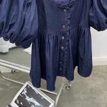 TWOTWINSTYLE Vintage Ruched Sieviešu Krekls ar Apaļu Kakla Puff Īsām Piedurknēm Tunika Pogu, Caur Sieviešu Blūze Ir 2021. Modes Stila Jaunas