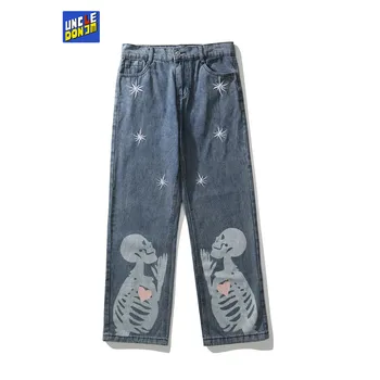 UNCLEDONJM Galvaskausi džinsi vīriešu High Street vīriešu dizainera džinsi vīriešiem skelets džinsi streetwear vīriešiem Problemātisko baggy džinsi