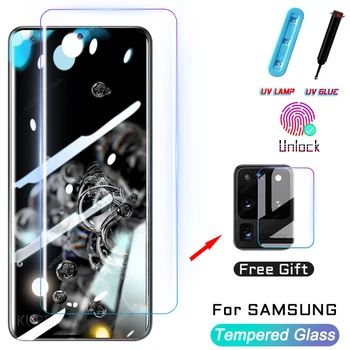 UV Rūdīta Stikla Samsung Galaxy S20 S21 Ekrāna Aizsargs Ultra S9 S10 S8 S 21 Piezīme 20 10 9 8 S10E Plus Pilnībā Segtu Filmu Gadījumā