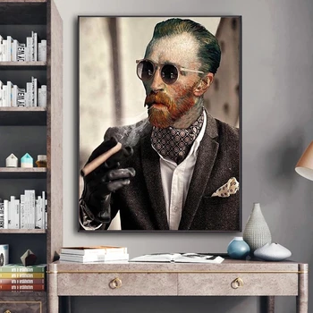 Van Gogs ar Saulesbrilles, Smēķēšana Cigāru Audekla Gleznas Smieklīgi Plakāti un Izdrukas Mūsdienīga Sienas Māksla Bildes Dzīvojamā Istaba Dekori