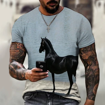 Vasaras modes vīriešu 3D drukāšanas anime multfilmu dzīvnieku savvaļas zirgu modelis T-krekls iela tendence gadījuma īsām piedurknēm zaudēt oversiz