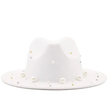 Vienkārši Platām Malām Pērle Sieviešu Baznīca Derby Top Cepure Panama tīrtoņa Krāsu Filca Fedoras Cepuri Vīriešu Vilnas Britu stila Trilby Puse