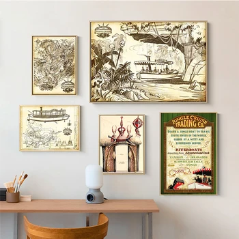 Vintage Disnejlenda Džungļu Kruīza Kartes Plakātu Disneja Pasaule Magic Kingdom Adventureland Audekla Apgleznošana Sienu Mākslas Mājas Dekoru Cuadros