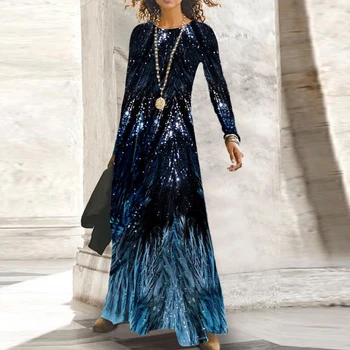 Vintage Drukāšanas Ilgi Puse Kleita Sieviešu Modes Apaļu Kakla Garām Piedurknēm Maxi Kleita Ir 2021. Pavasara Rudens Slim Biroja Dāma Boho Kleita