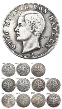 Vācija, Bavārija 2 Zīmi (1891-1913) 11pcs Datumus Izvēlējās Sudraba Pārklājumu Kopēt Monētas