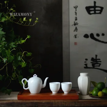 WIZAMONY 200ML Baltas porcelāna tējkanna Jingdezhen keramikas kung fu tējas kopu vienā katlā minimālisma skaistuma plecu pot skaistu pot