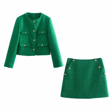 YENKYE Sievietes Ir 2021. Modes Zaļā Tvīda Kultūru Žakete Vintage Mētelis Kabatas ar garām Piedurknēm Rudens Ziemas Jakas Viena Krūšu Topi