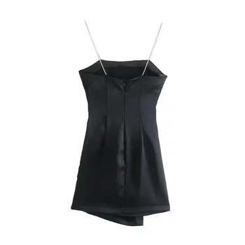 Za 2021 Black Slīdēšanas Kleitu Sieviete Satīna Vasaras Ruched Īsas Kleitas Sieviešu Modes Rhinestone Siksnas Mini Backless Vakara Kleitas