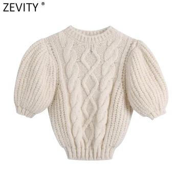 Zevity 2022 Sieviešu Modes O Kakla Puff Piedurknēm Īss Adīšanas Džemperis Sieviešu Šiks Vērpjot Kultūru Džemperi, Topi SW977