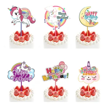 Ziedi Unicorn Happy Birthday Cake Topper Karikatūra Krāsas Akrila Kūka Topper Meitenēm Dzimšanas dienā Vienradzis Puse Kūka Rotājumi