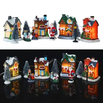Ziemassvētku Ciematu Uzstādīt Ziemassvētku Rotājumi Santa Claus Sveķu Villa Rotājumu 10Pcs Gaismas Sniega Māju Dāvanas Koka Mājas Apdare