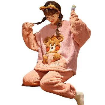 Ziemassvētku Sieviešu Pidžamas Gudrs Pyjama Pieaugušo Ziemas Sabiezēt Kapuci Sleepwear Plīša Coral Fleece Homewear Pijamas Uzvalks