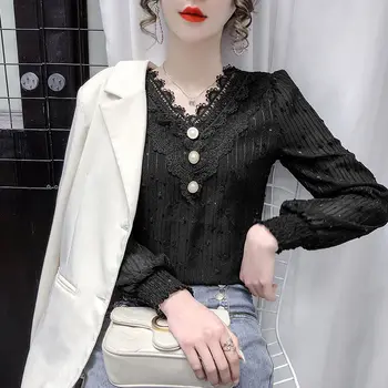 Šifona sieviešu pavasara un rudens ir 2021. jaunu modes mežģīnes rietumu stila zemāko krekls high-end garām piedurknēm top gadījuma krekls