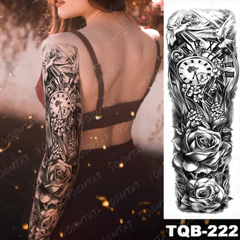Ūdensnecaurlaidīgus Pagaidu Pilnas Rokas Tetovējumu Uzlīmes Kompass Pārnesumu Mehāniskā Rožu Flash Tetovējumi Cilvēks Body Art Liels Viltus Piedurknēm Tatto Sievietēm