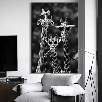 Žirafes ar Saulesbrilles, Mākslas Audekls Gleznas Melna Balta Funny Dzīvnieki, Plakātu un Izdrukāt Sienas Mākslas Aina Dzīvojamā Istaba Dekori