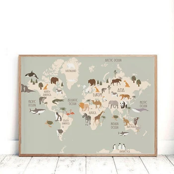 Dzīvnieku Pasaules Kartē Bērnudārza Sienas Mākslas Audekls PaintingPictures Bērnu Istabas Dekors Skandināvijas Plakāti un Izdrukas Cute Dzīvnieki Karikatūra