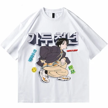 Lielgabarīta Hip Hop T Vīriešiem Harajuku Karikatūra korejas Print T-krekls, Blūze Harajuku Kokvilnas Gadījuma Vasaras Īsām Piedurknēm Apģērbs augšu