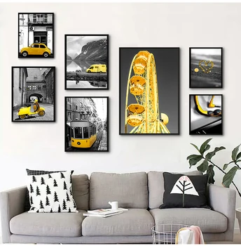 Mūsdienu Plakāti un Izdrukas Dzeltenu balonu dekorācijas Dzeltens auto, Wall Art Attēlus Dzīvojamā Istaba Mājas Apdare