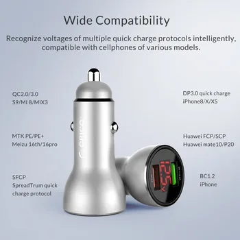 ORICO Mini QC3.0 Viedo USB Automašīnas Lādētājs 30W Ātri Uzlādēt Alumīnija Mobilo Telefonu, Planšetdatoru, GPS USB Lādētājs iPhone, Huawei