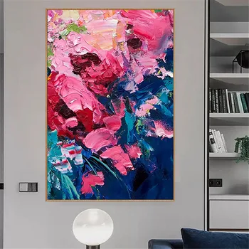 Roku apgleznoti mūsdienu eļļas gleznu abstraktu ziedu rozā, bieza tekstūra kanvas glezna dzīves telpu dekorēšana karājas glezna